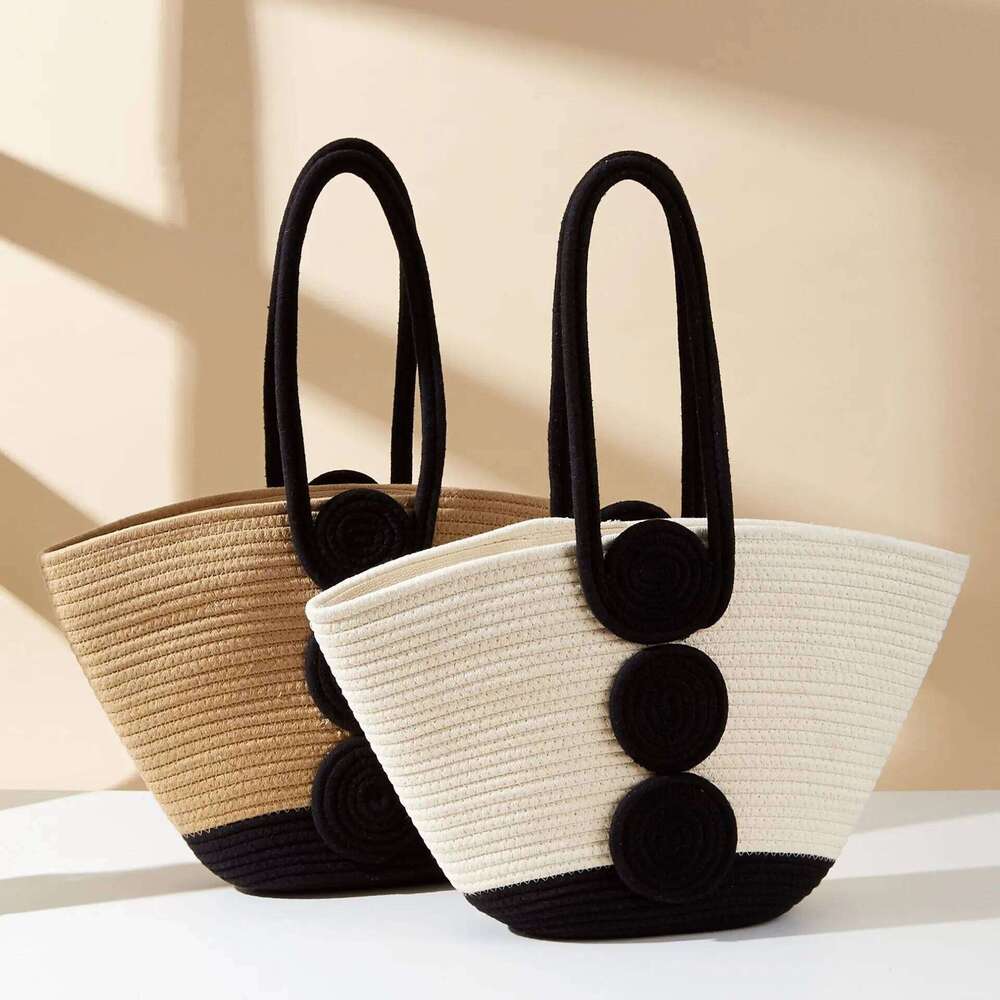 New Cotton Thread Straw Wheel Women's Woven Handheld Vacation Leisure Street Photography Shoulder Beach Bag