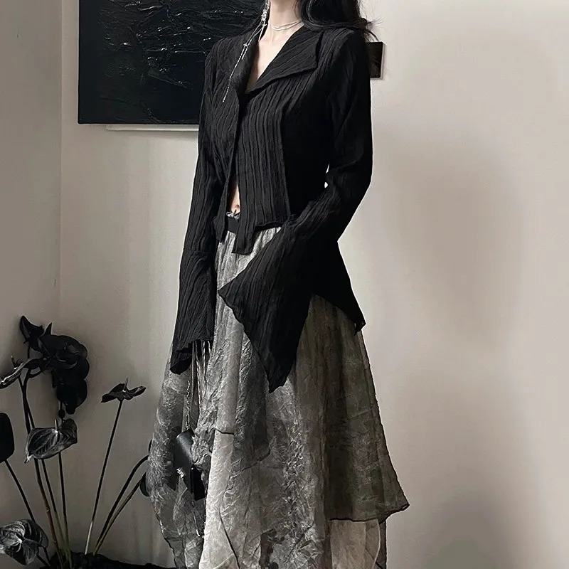 Karrcat Gothic Black Shirts Irregular Yamamoto Style Flare Sleeve Blouse Dark Aesthetic Grunge Clothes Harajuku Mall Goth Tops 250708