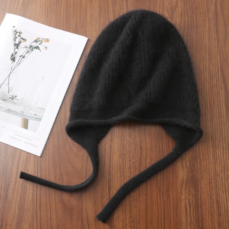 100%Pure Wool Womens Winter Knitted Hats Cute Lace-up Students Pullover Hat Autumn Winter Warm Windproof Earflap Beanies Female 250712