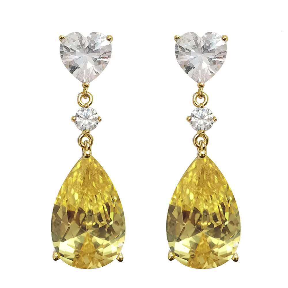 Exquisite Heart Shaped Water Drop Design Yellow Crystal Zircon Earrings for Women Wedding Silver Plated Pendant Earrings