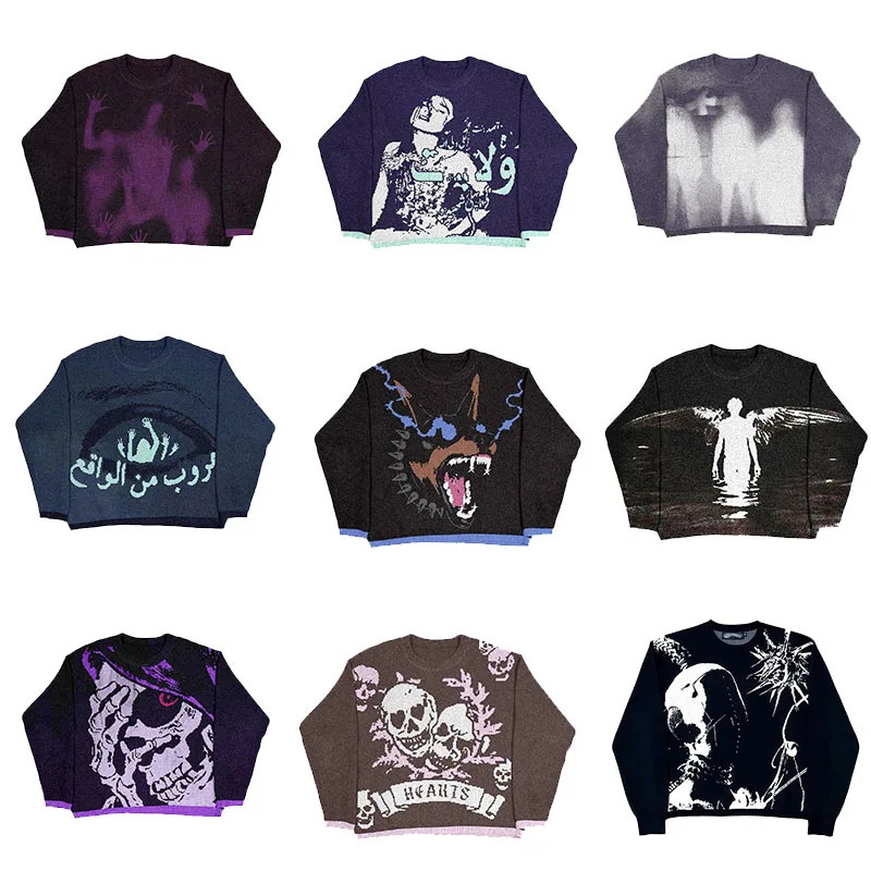 Men and Womens Hip Hop Knitted Sweater Harajuku Fashion Spider Boy Pattern Printed Loose Top Casual Street Wear Pullover 20 250708