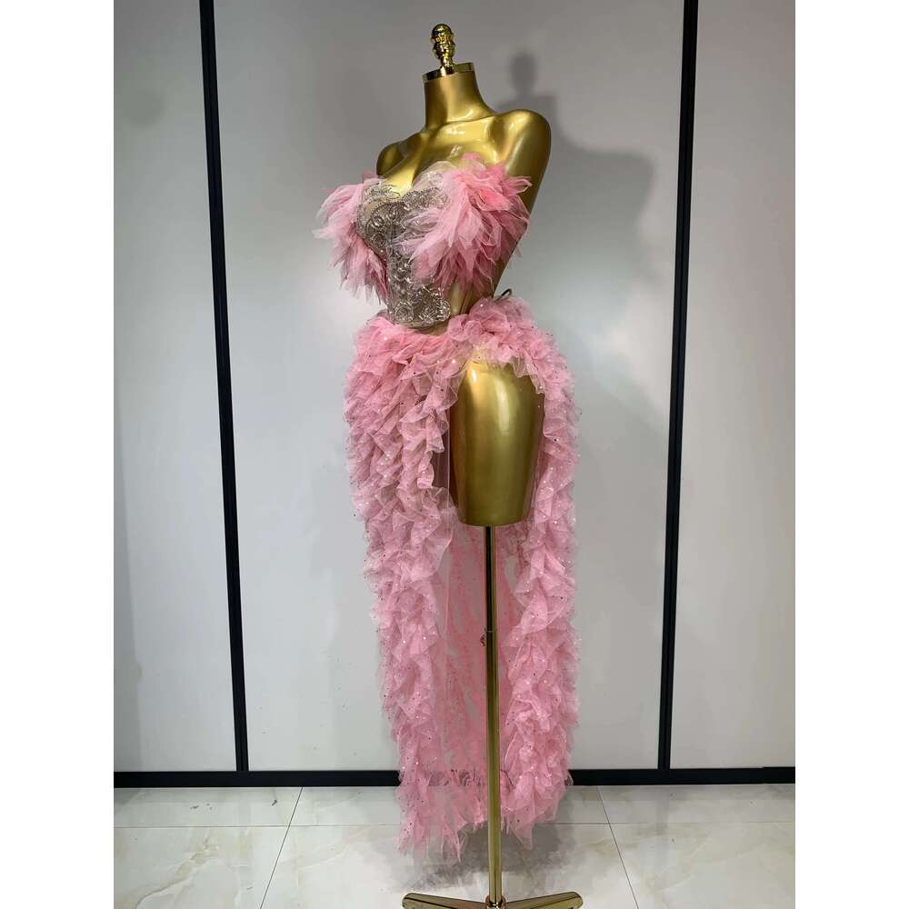 Women Sexy Strapless Ruffles two Pieces Set Bodycon Long Dress High Split Fashion Nightclub Party Birthday Singer Stage Outfit