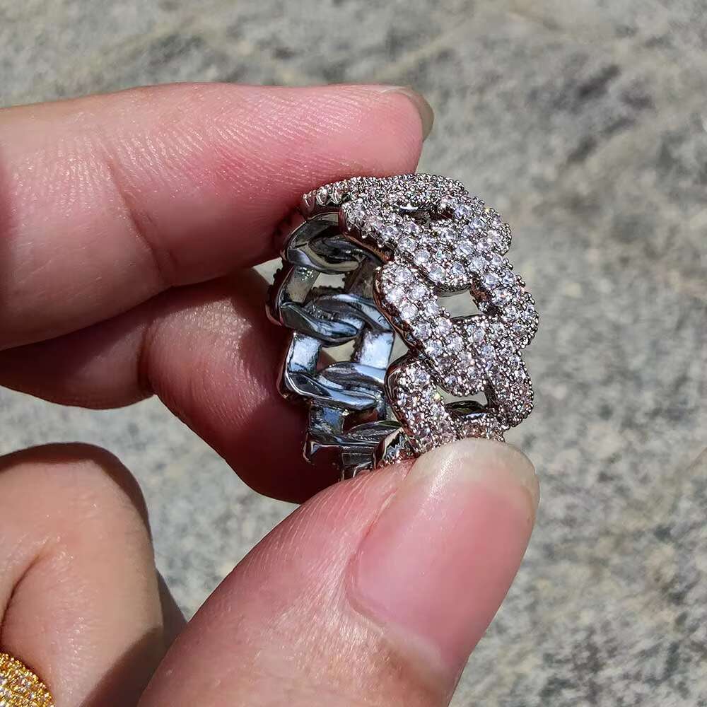 Trendy Hip Hop Men Gold Diamond Ring Gold Plated Bling Cubic Zircon Iced Out Cuban Chain Rings