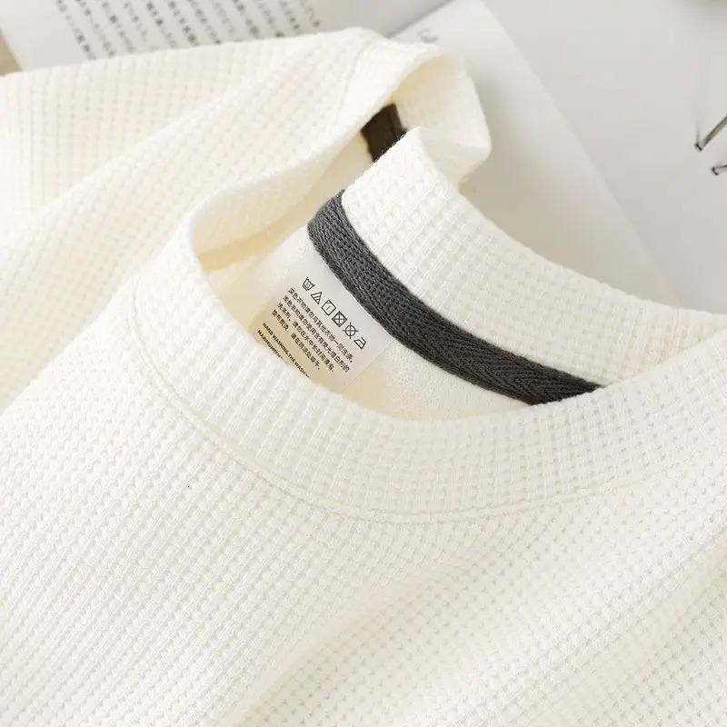 Waffle Short Sleeved Tshirt for Men and Women Summer Japanese Round Neck Half Top Loose Casual Solid Color 250707