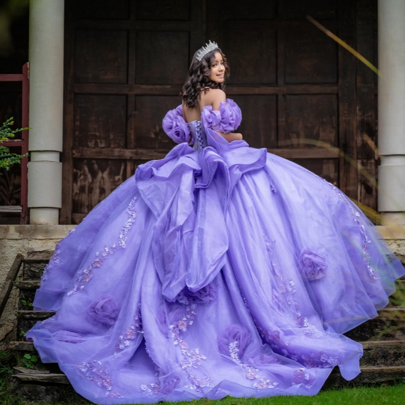 Lavender Shiny Quinceanera Dresses Ball Gown Off The Shoulder Applique Flower Beading Crystal Bow Tull Corset Party Birthday Sweet 16 Dress Vestidos 1