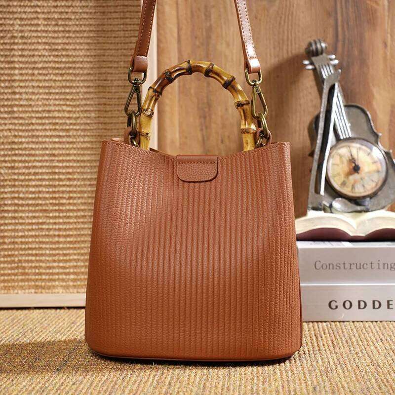 2025 New Genuine Leather Women Handbags Bamboo Handle Single-shoulder Messenger Bucket Bag Small Portable Tote Bags