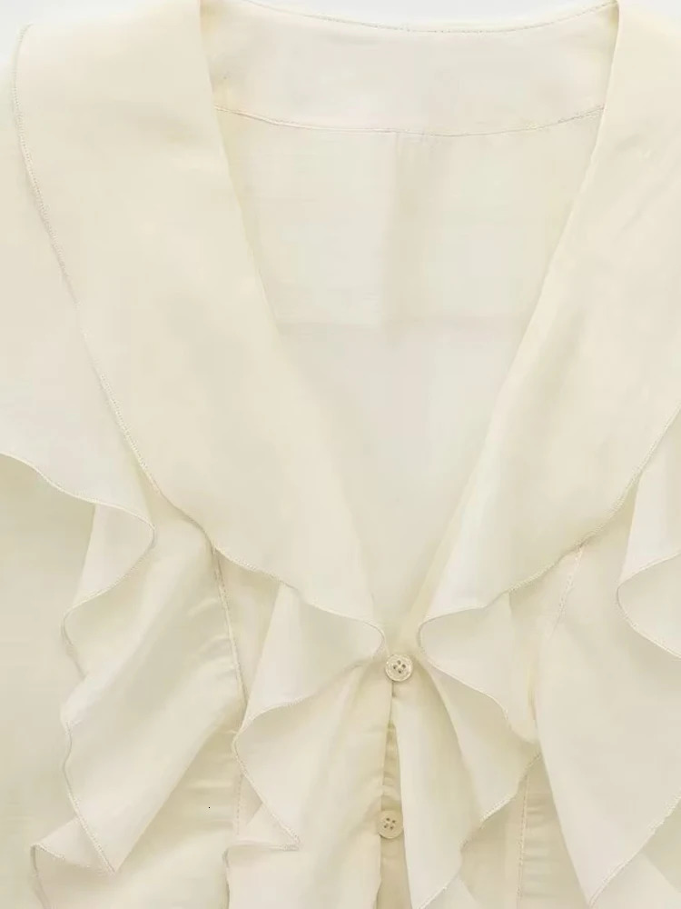 TRZA Women Fashion With Ruffles Shirts Long Puff Sleeves Button-up Female Blouses Chic Tops 250708