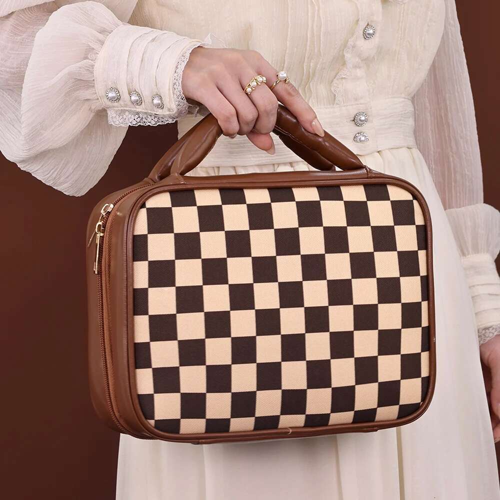 Large Capacity PU Grid Melody Women's Cosmetic Storage Box Portable Travel Makeup High-End Feel Multi-Compartment Wash Bag