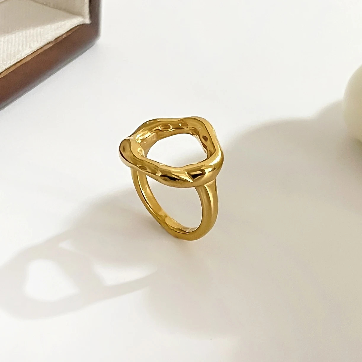 Perisbox Vintage 18K Gold Plated Irregular Circle Melted Texture Detail Rings Stainless Steel Waterproof Trendy Womens Jewelry 250708