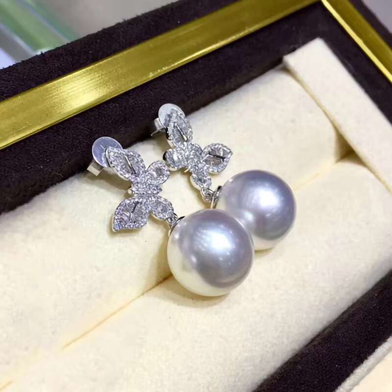 Custom High Quality Butterfly Design Sparkling Zircon Pearl Earrings Women Wedding Silver/Gold Plated CZ Pendant Earrings