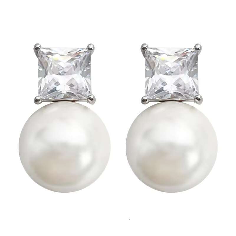 Wholesale Womens Trendy Princess Cut Cubic Zirconia Pearl Earrings Wedding Fashion Jewelry Silver Plated Stud Earrings