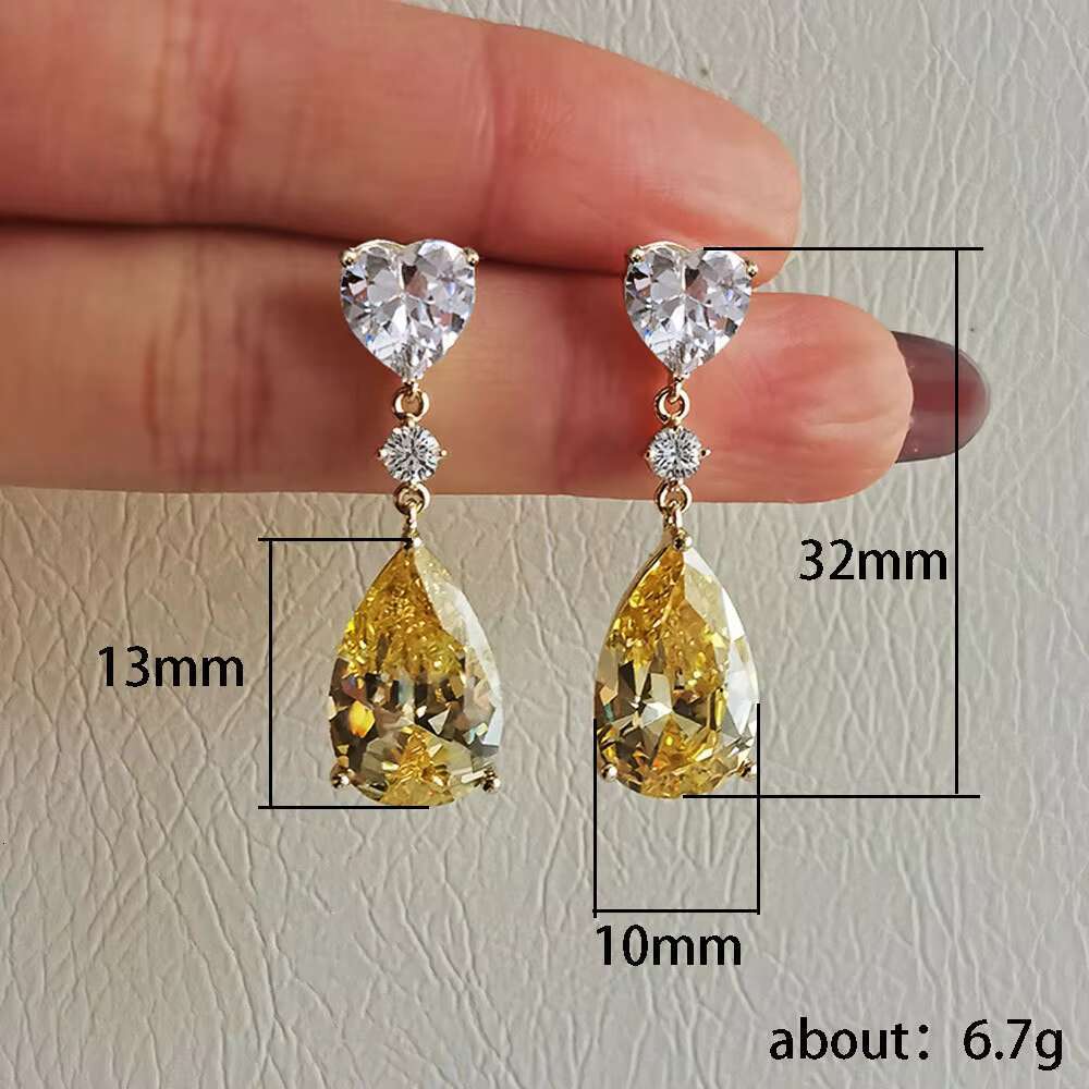 Exquisite Heart Shaped Water Drop Design Yellow Crystal Zircon Earrings for Women Wedding Silver Plated Pendant Earrings
