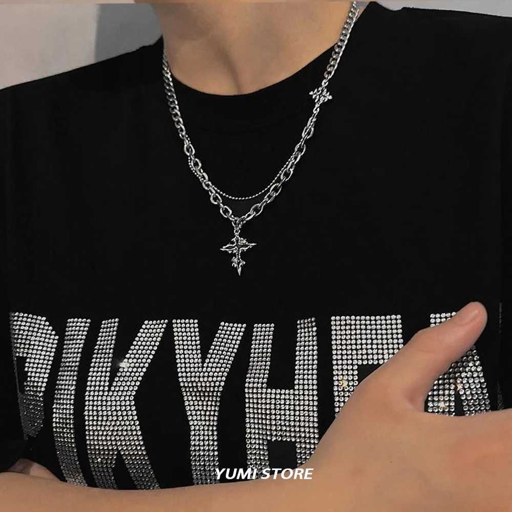 Punk Black Flame Cross Necklace For Men Wen Trend Titanium Steel Chain Sweater Pendant Hip Hop Jewelry Cool Kpop Accessories W250712