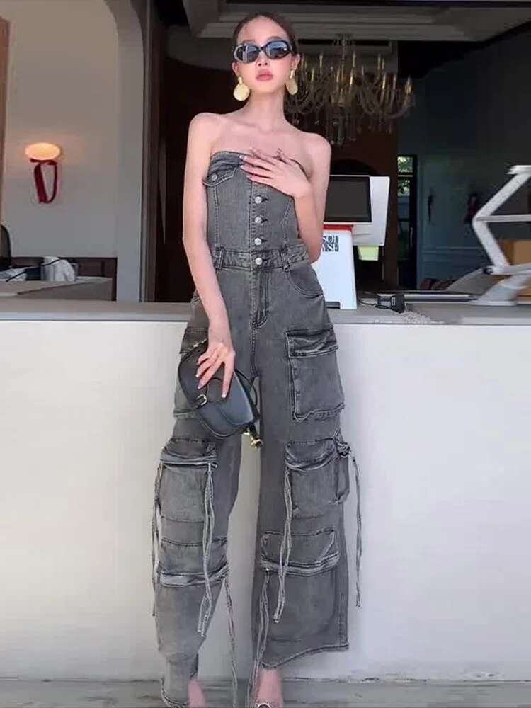 Strapless Backless Women Jumpsuit Denim Off Shoulder Lady Jumpsuits 2025 Sexy Fashion Pockets Buttons Wide Leg Female Romper