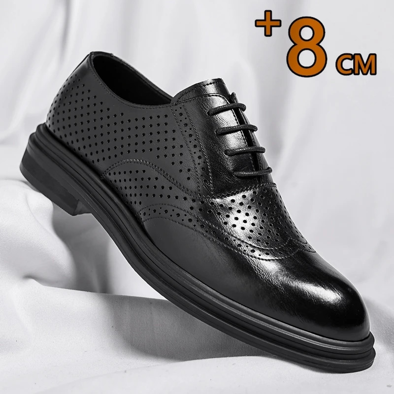 Spring Summer Men Hollow Platform High Heel 6/8 CM Height Growth Formal Men Derby Leather Shoes Man Wedding Dress Elevator Shoes 250712