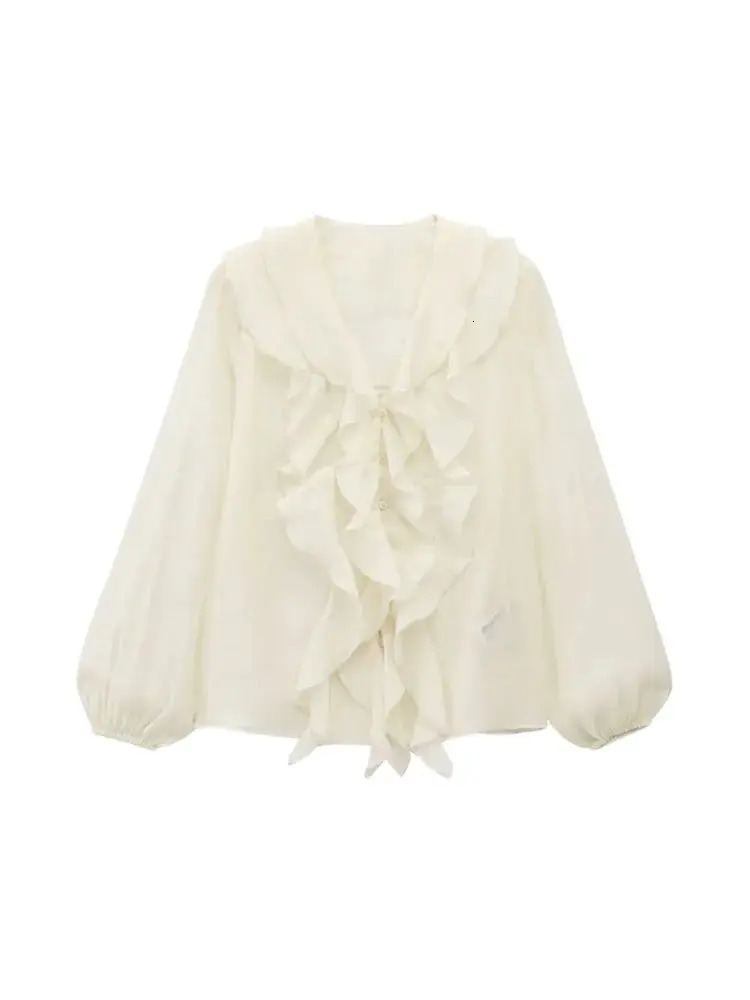 TRZA Women Fashion With Ruffles Shirts Long Puff Sleeves Button-up Female Blouses Chic Tops 250708