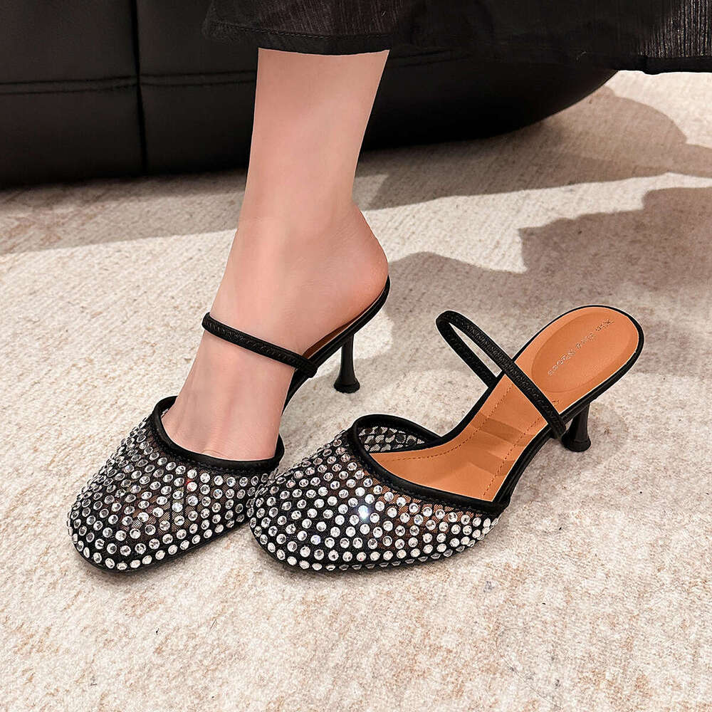 396-2 Rhinestone Round Toe Strap High Heels New Fashion Shallow Mouth Mesh Backless Single Women's Shoes