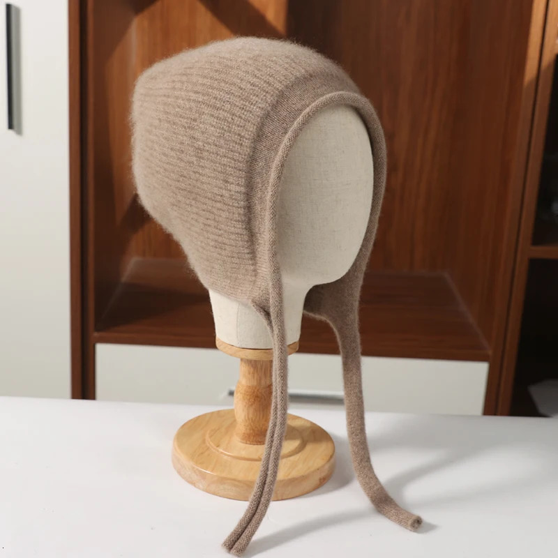100%Pure Wool Womens Winter Knitted Hats Cute Lace-up Students Pullover Hat Autumn Winter Warm Windproof Earflap Beanies Female 250712