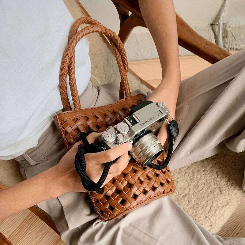 Women Small Woven PU Leather Shoulder Bags Bucket Vintage Hollow Out Female Handbag Girl Totes Bag