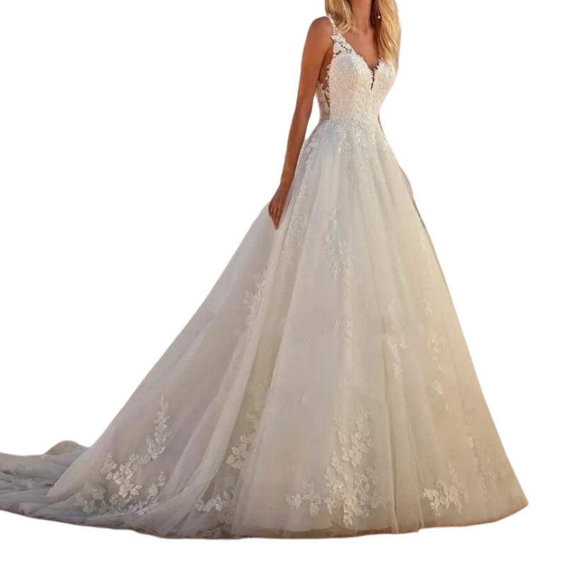 Boho A-Line Wedding Dresses Lace Appliques V-Neck Long Tulle Bridal Gowns Ivory Beach Bride Dress Customized
