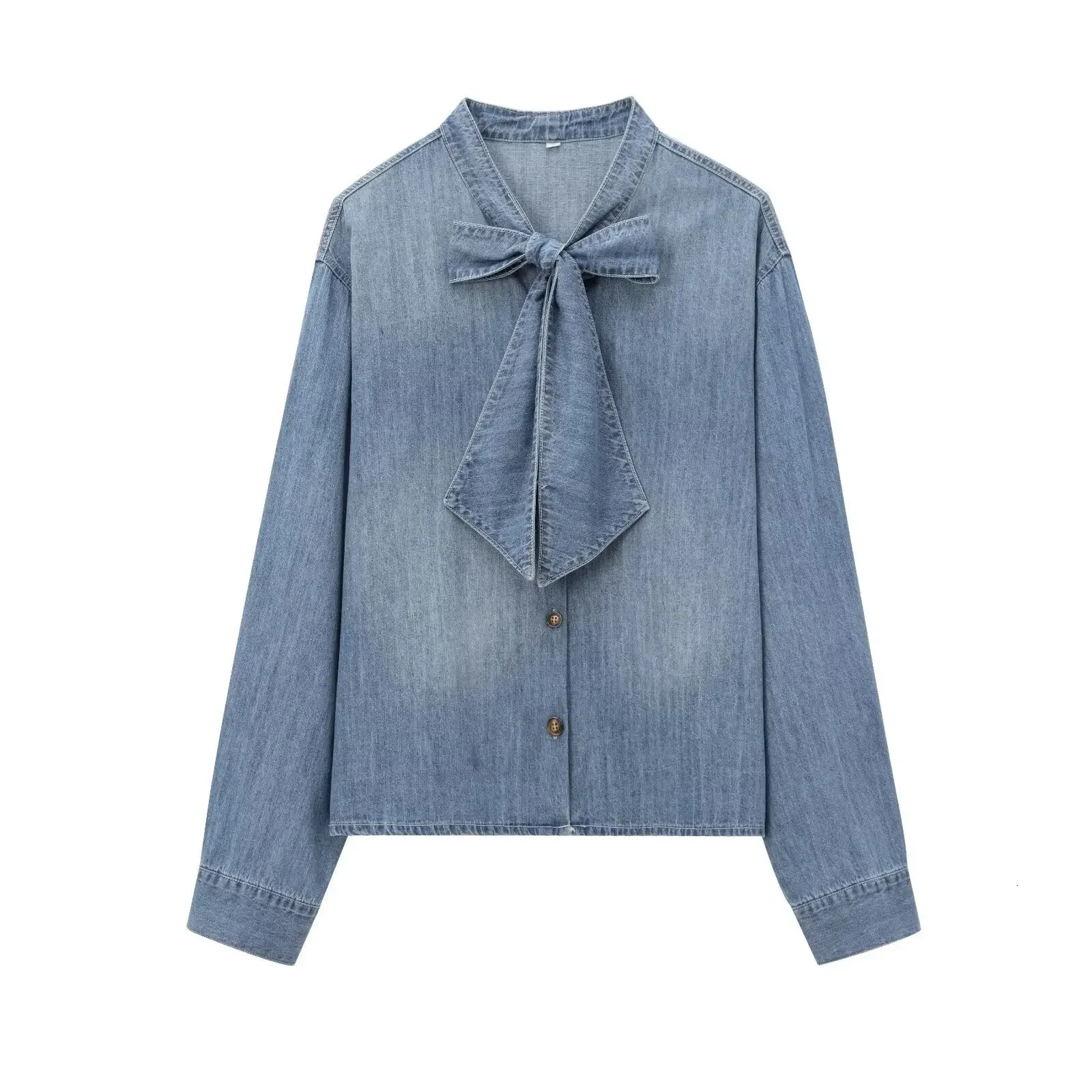 Loose Casual Long Sleeve Button up Butterfly Knot Decorated Denim Shirt Autumn Arrival Womens Fashion Vneck Drapey Garment 250704