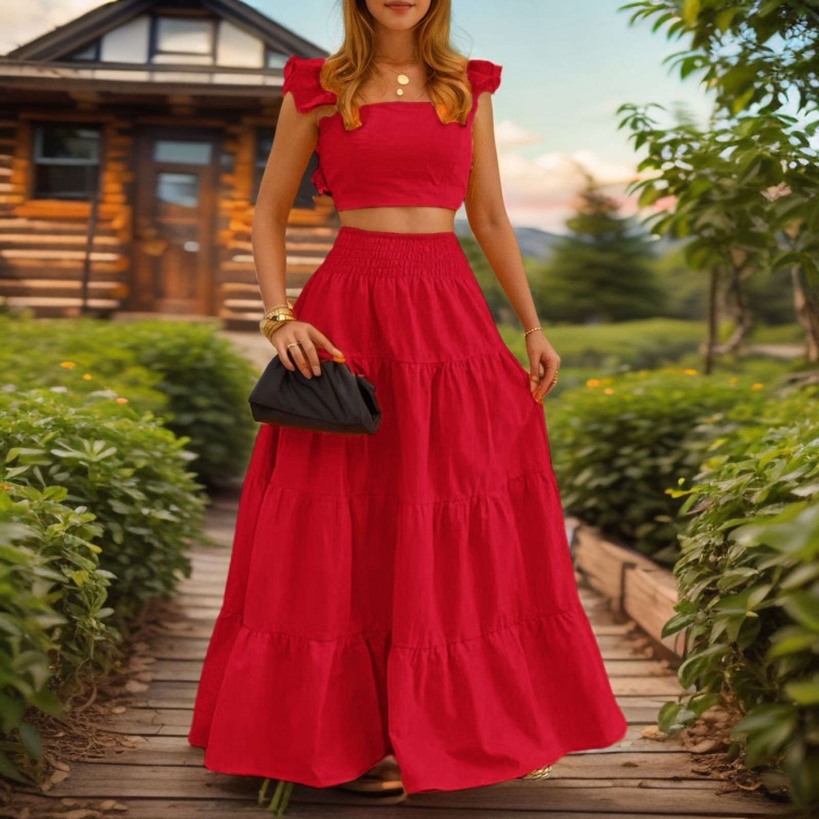 2025 Summer New Women's Skirt Solid Color Sexy Style Ruffle French Strap Skirt Two piece Fashion Women's Skirt New Luxury Designer Women