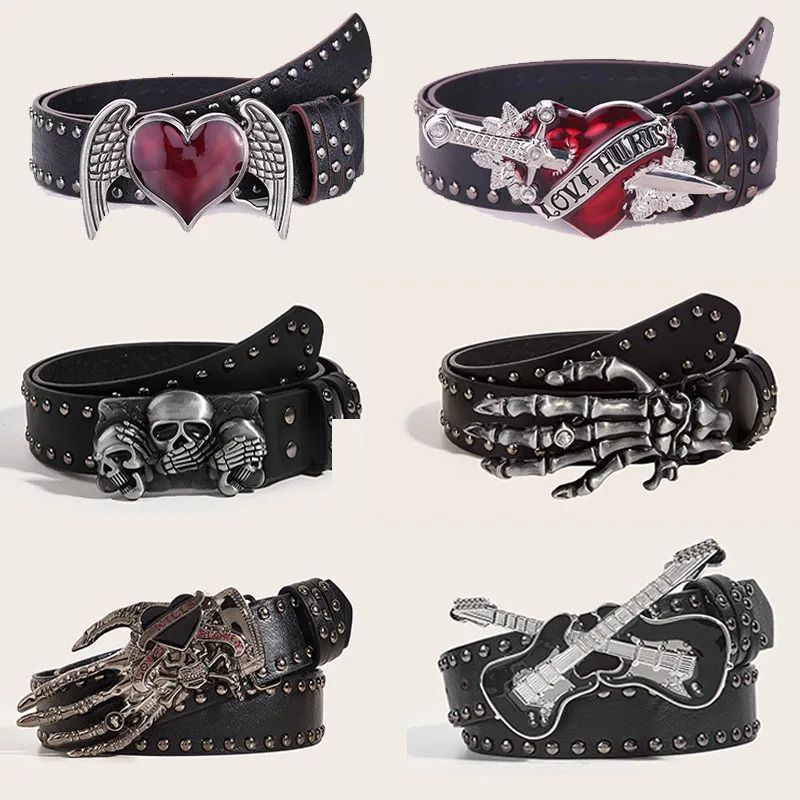 Best Gothic Y2K Women Men Belts Goth Ladies Cowboy Hip hop Punk Rivet Skeleton Print Waist Belt Jeans Waistband 250520