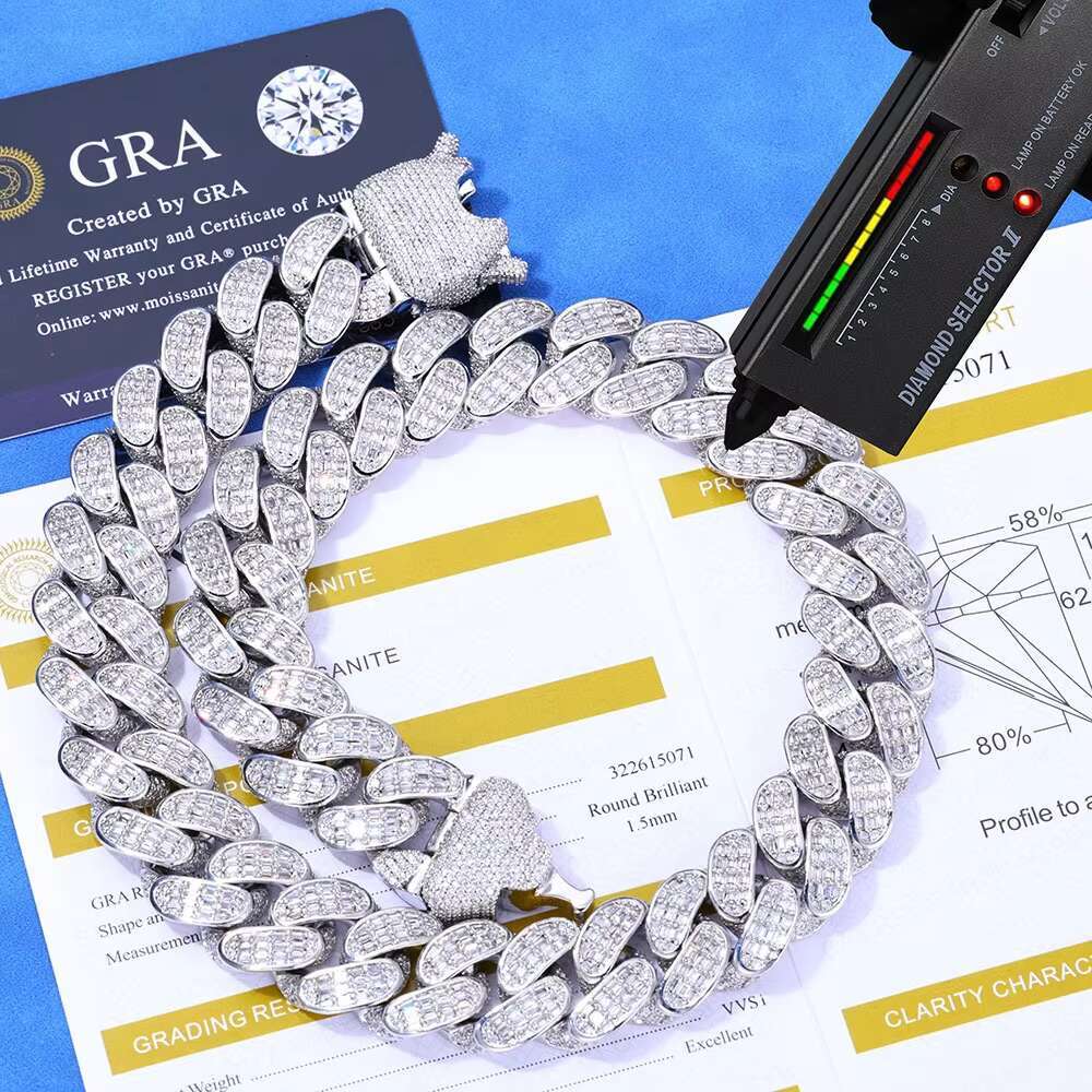 Hip Hop Mens Three-Row T-Square 925 Sterling Silver VVS D Color Moissanite Necklace with Iced Miami Cuban Chain Link Jewelry