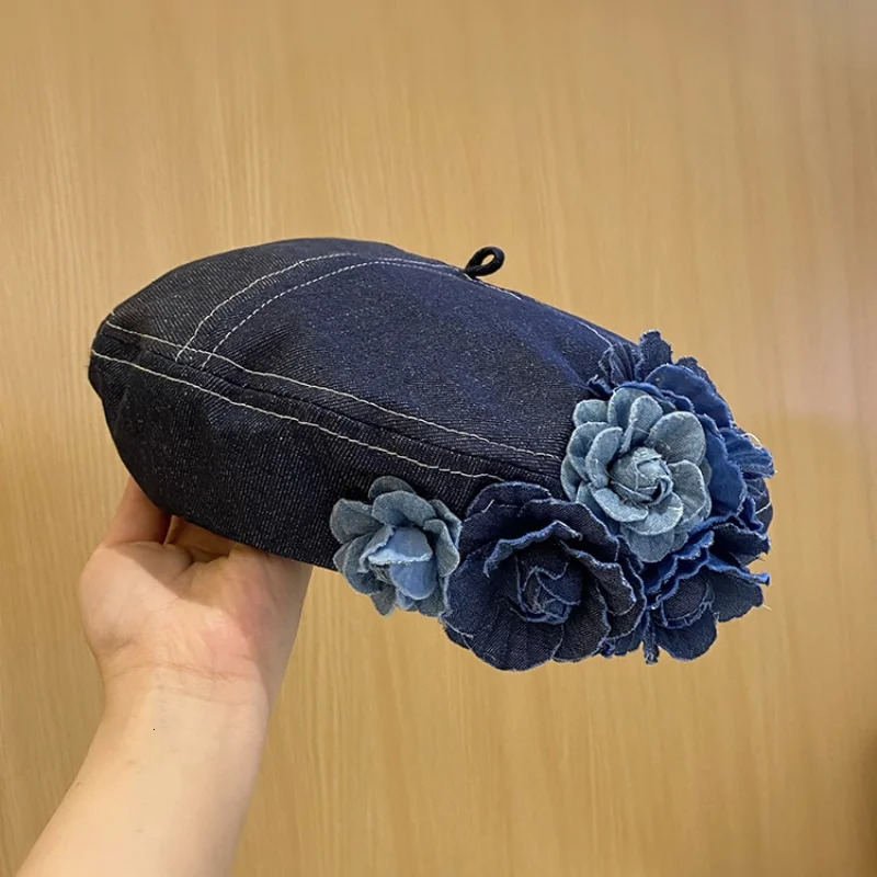 Ladies Denim Beret Hats Flower Cowboy Vintage Hat Women Retro Casual Painter Hat Female Trendy Spring Autumn Hat 250712