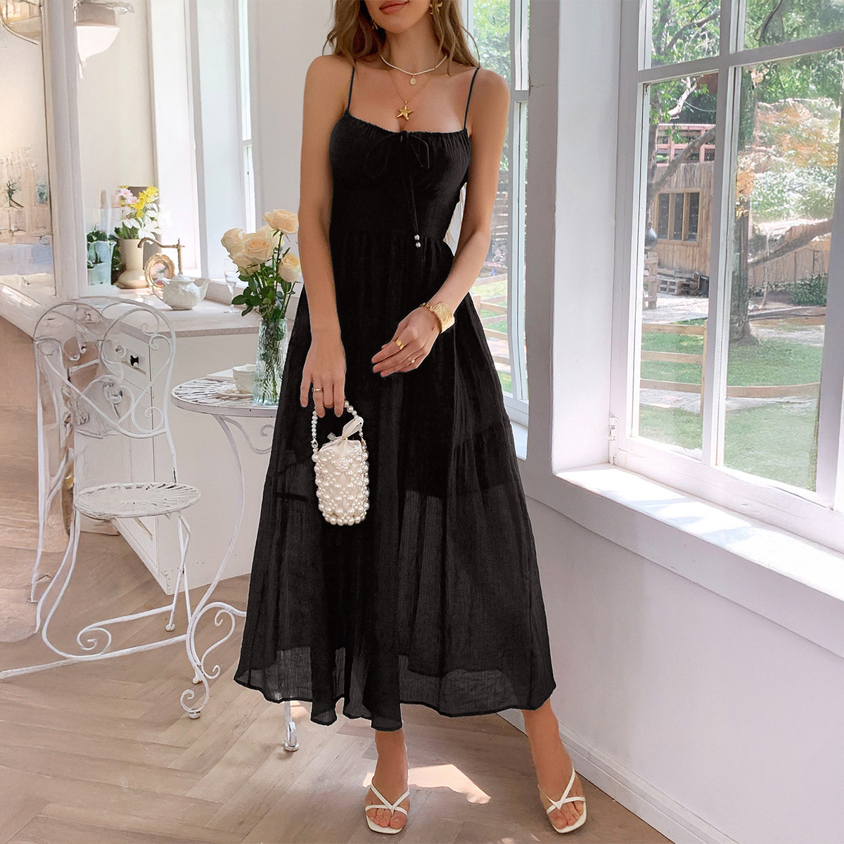 Summer new women's dress, casual vacation with waist, fashionable lace up long dress, summer new luxury designer women's dress, new niche de
