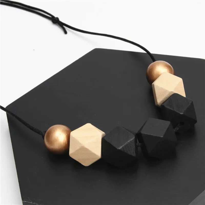 New Wood Geetric Necklace Painted Chunky Faceted Wooden Beads Ball Chunky ather Cord Brown Black Statent W250712