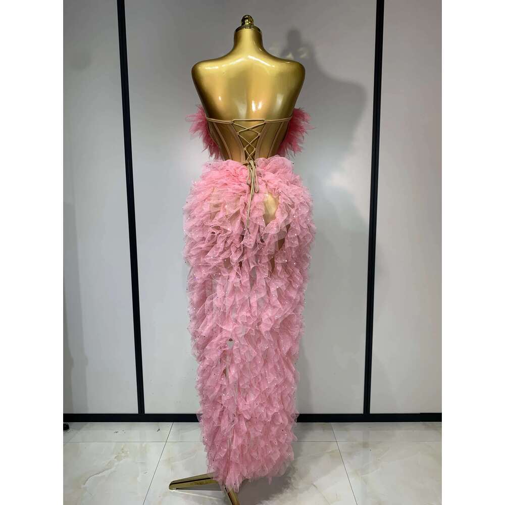 Women Sexy Strapless Ruffles two Pieces Set Bodycon Long Dress High Split Fashion Nightclub Party Birthday Singer Stage Outfit