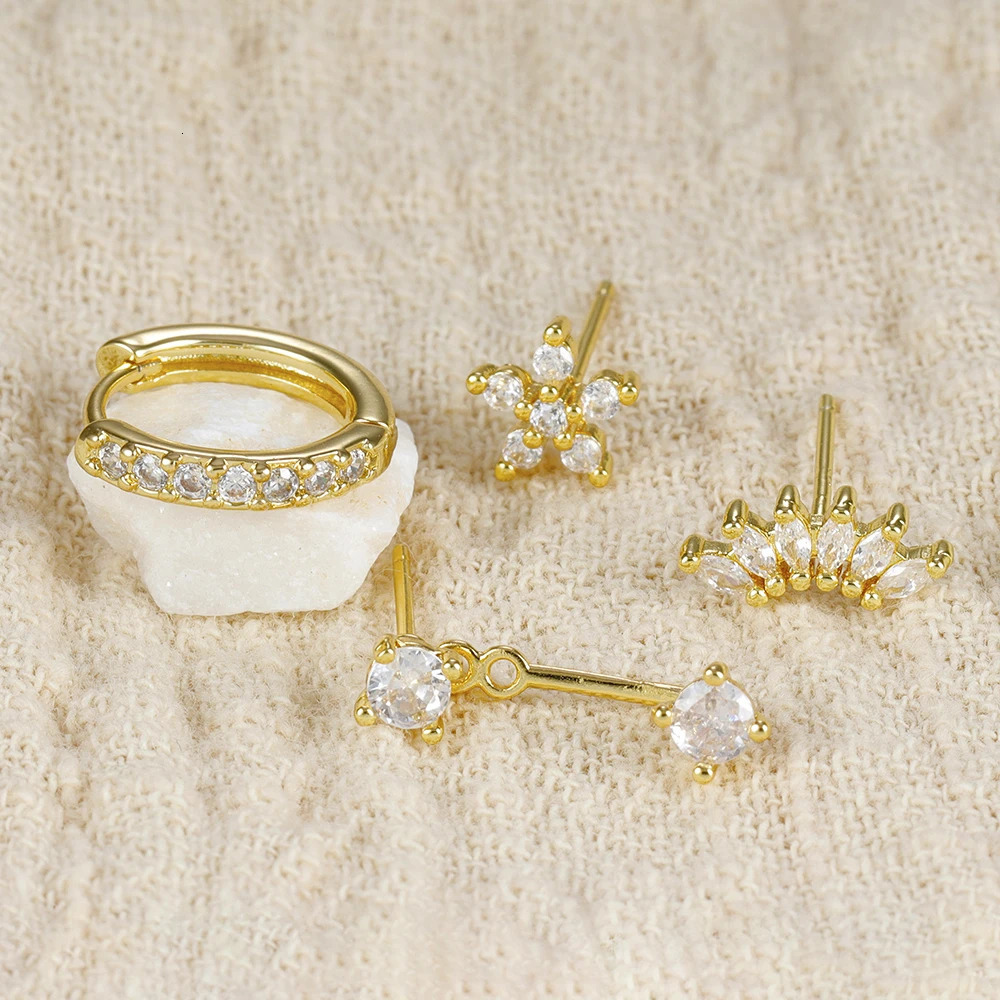 4PCS Stainless Steel Circle Huggie Hoop Earrings Set for Women Gold Color Unique Zircon Flower Stud Earring Piercing Jewelry 250708