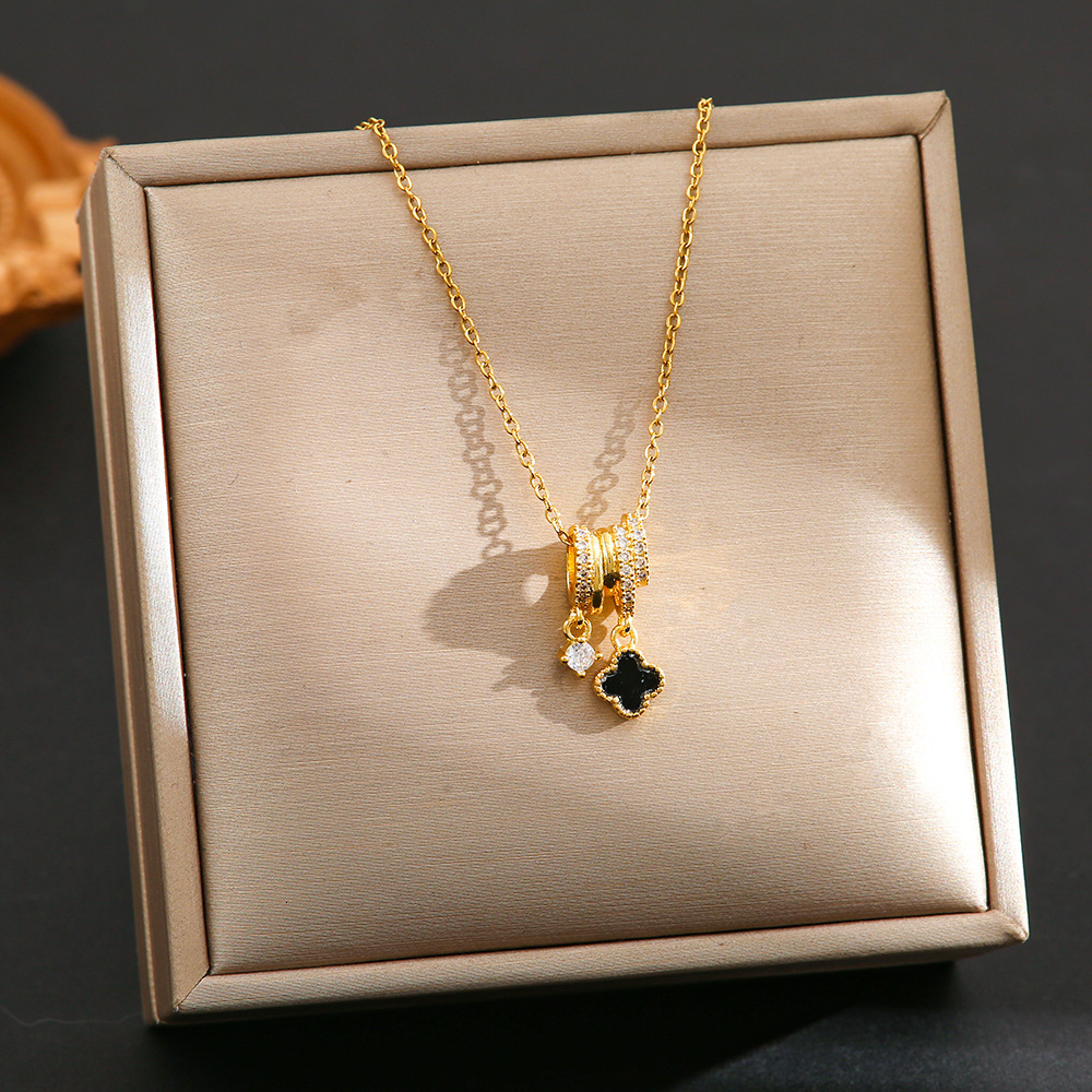 Luxury Jewelry Designer Jewelry Cross-border Hot Sale Black Four-leaf Clover Pendant Necklace High-end Light Luxury Simple Versatile Micro-inlaid Zirc
