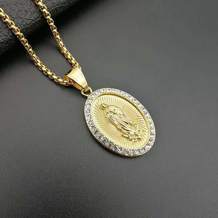 Virgin Mary Prayer Pendant Necklaces Gold Color 316L Stainless Steel with Rhinestone Women/Men Jewelry W250712