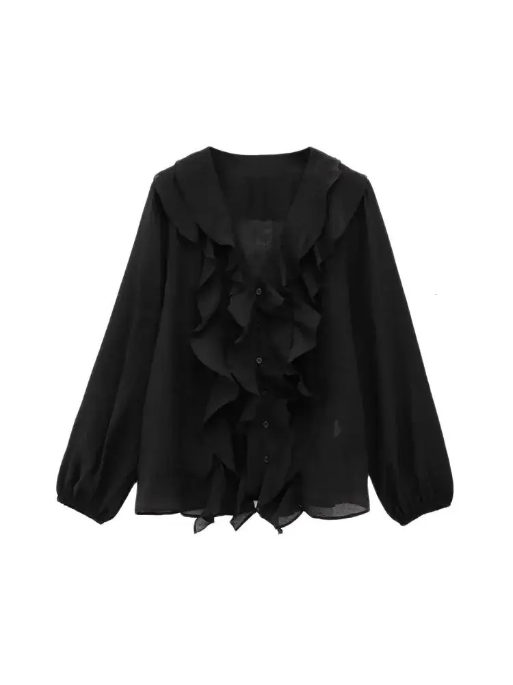 TRZA Women Fashion With Ruffles Shirts Long Puff Sleeves Button-up Female Blouses Chic Tops 250708