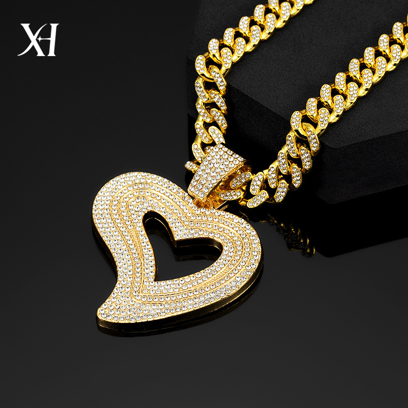 Luxury Jewelry Designer Jewelry European And American Cross-border New Luxury Heart Full Diamond Alloy Pendant Necklace Hip-hop Trendy Men's Jewe