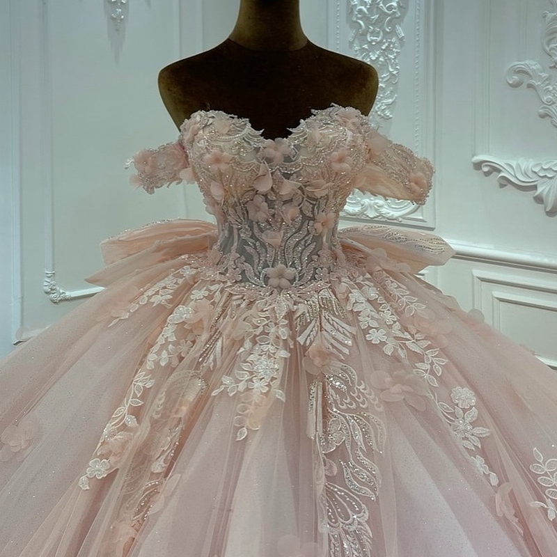 Pink Quinceanera Dresses Ball Gown Off The Shoulder Applique Flower Beading Bow Tiered Tull Corset Party Birthday Sweet 16 Dress Vestidos 15 Anos