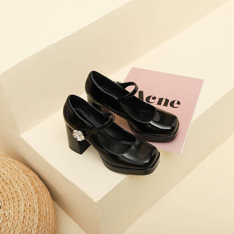 3359-15 French Style One-Strap Flower Buckle High Mary Jane for Women New Waterproof Platform Square Toe Chunky Heel Women's Shoes