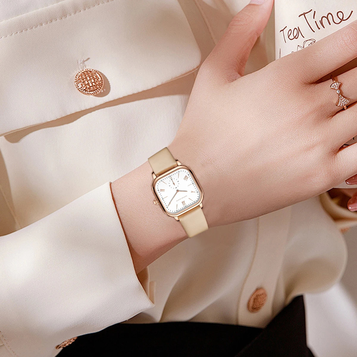 Women Square Watch Top Leather Strap with 26mm Rose Gold Plate Watch Dial 3 Bar Waterproof Fashion Gift Watch montre femme 250712