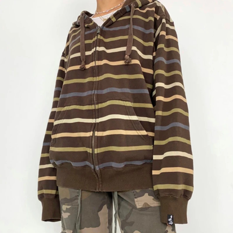 Xingqing Fairycore Aesthetic Sweatshirt Striped Long Sleeve Tops with Pockets Hoodie for Women Grunge Emo y2k Clothes Streetwear 250707