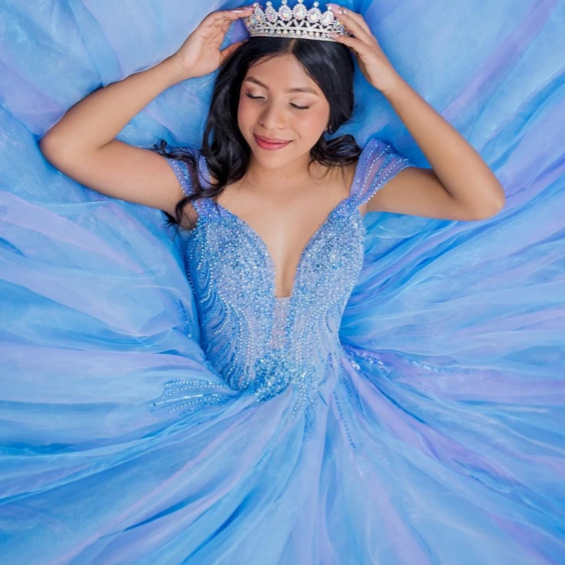 Blue Quinceanera Dresses Ball Gown Off The Shoulder Beading Crystal Tull Party Birthday Sweet 16 Dress Vestidos 15 Anos