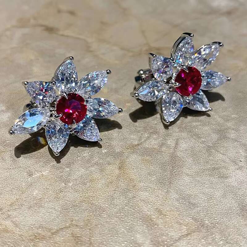 Exquisite Flowers Design Ruby Red Crystal Silver Plated Earring for Wedding Engagement Cubic Zircon Hoop Earrings Women