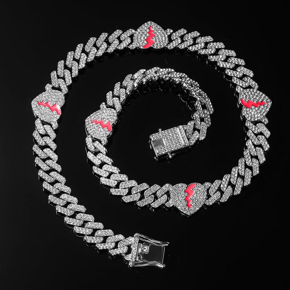 Luxury Jewelry Designer Jewelry Alloy Punk Broken Heart Chain Necklace Men's Trendy Inlaid Necklace European And American Accessories