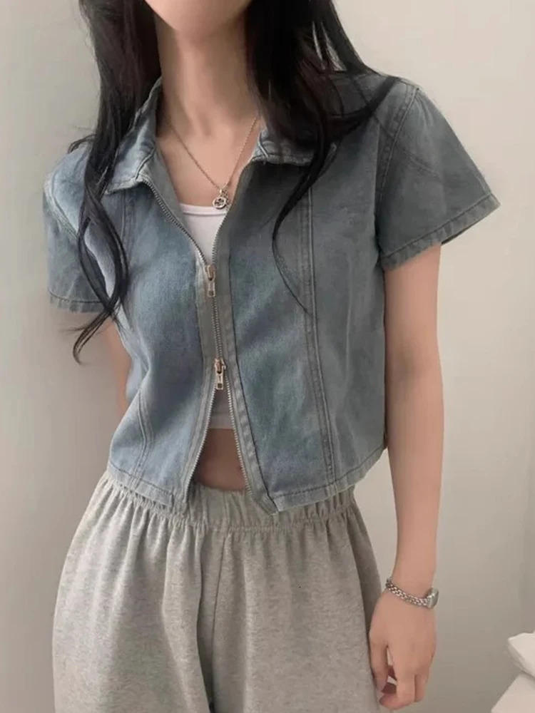Loose Fit ort Denim irt Jaet Womens Summer Sle Retro n Double Zipper Casual Top Korean Version Other Material 250704