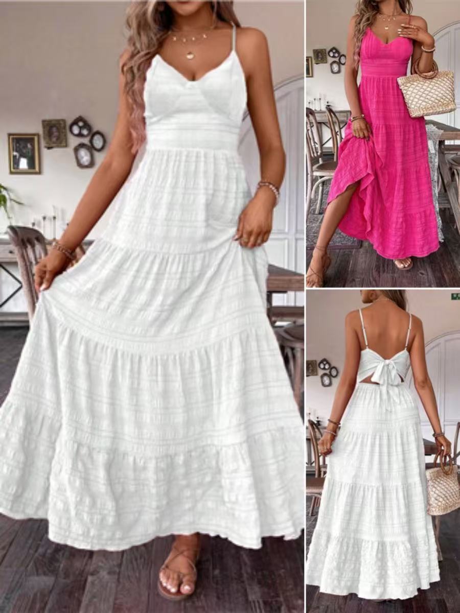 2025 Summer New Women's Skirt New V-neck Lace Pattern Dress Back Tie Solid Color Long Dress New Luxury Designer Women's Skirt