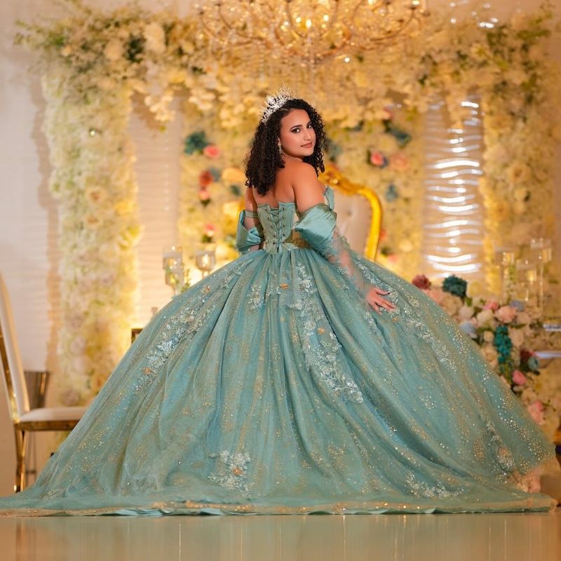Water Blue Quinceanera Dresses Ball Gown Off The Shoulder Applique Lace Beading Crystal Tull Corset Party Birthday Sweet 16 Vestidos 15 De Anos