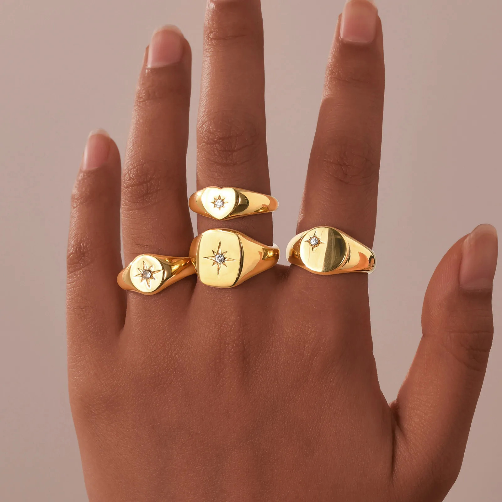Vnox Zircon Paved Star Singet Rings For WomenStainless Steel Geometric Heart Size 6/7/8 RingsGirls Fashion Jewelry Finger Gift 250708
