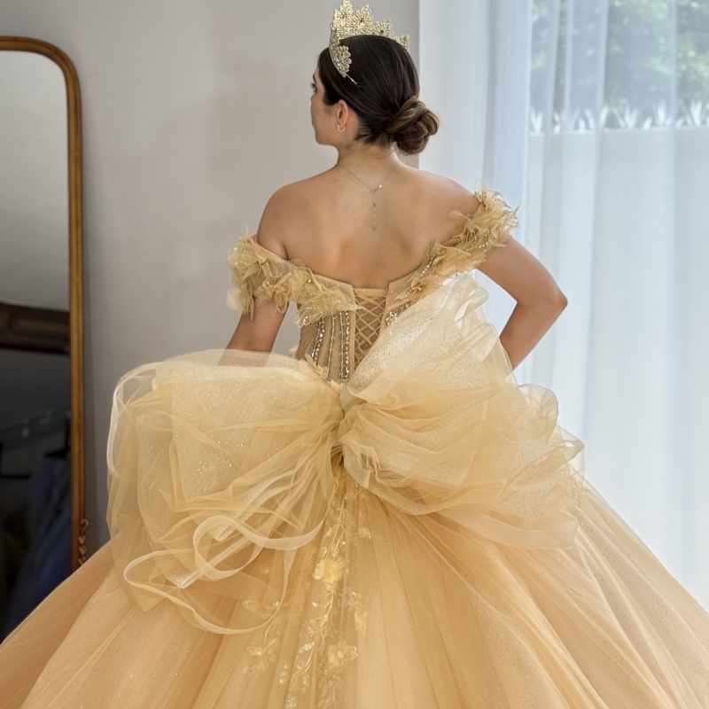 Yellow Quinceanera Dresses Ball Gown Off The Shoulder Applique Flower Beads Tull Corset Party Birthday Sweet 16 Dress Vestidos 15 Anos