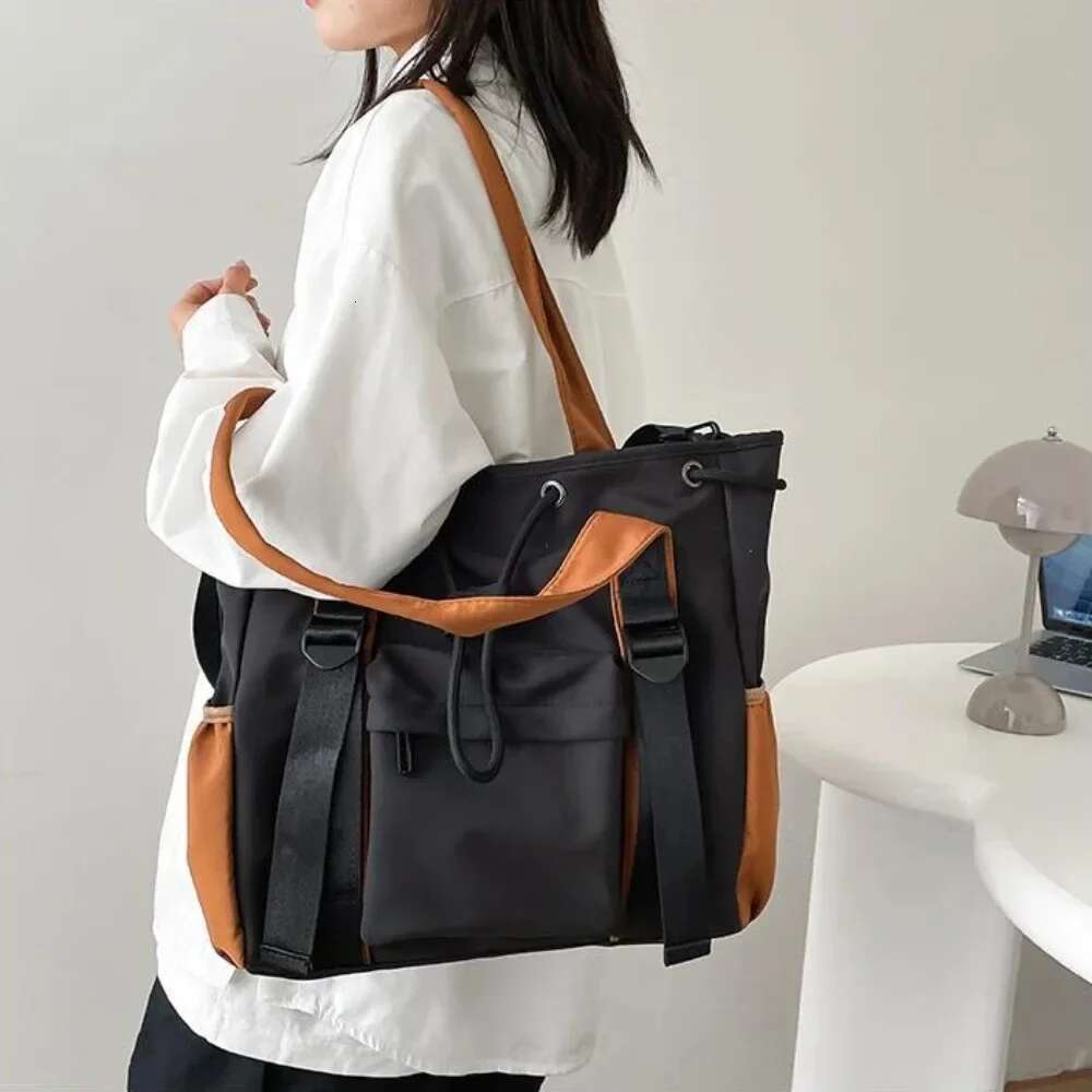 Splash Proof Nylon Fabric Shoulder Crossbody Bags For Women Multi-Pocket Drawstring Tote Bag Large Capacity Student Book Handbag